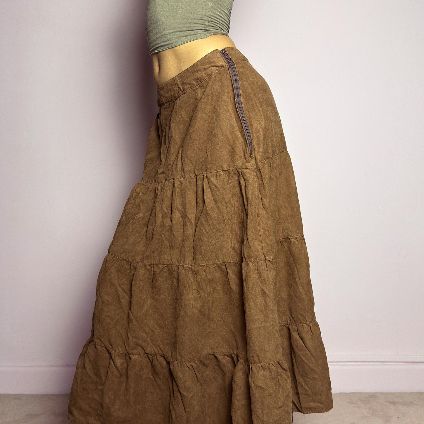 Vintage Y2K Tiered Brown Faux Suede Midi Skirt – Size M