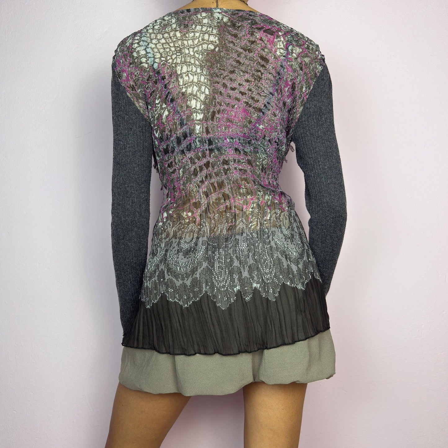 Vintage Y2K Gray Crinkled Sheer Cut Out Textured Top – Size M