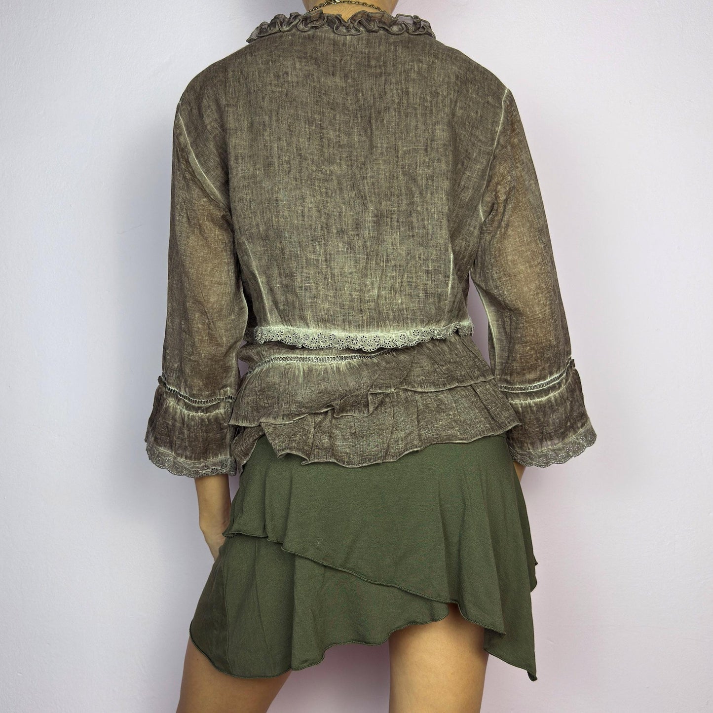 Vintage Y2K Brown Lace Trim Frill Ruffle Blouse – Size L