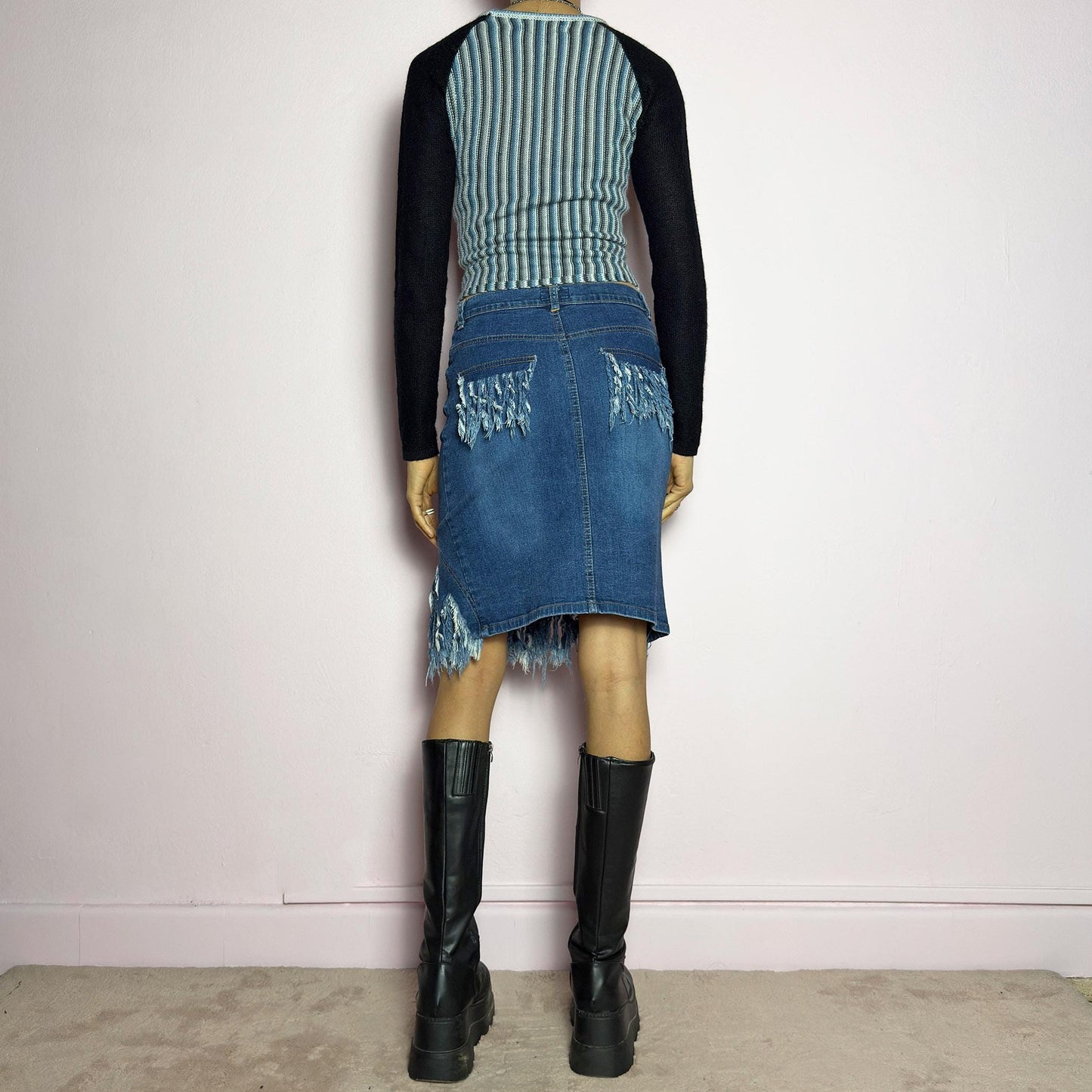 Vintage Y2K Denim Distressed Midi Skirt – Size XS
