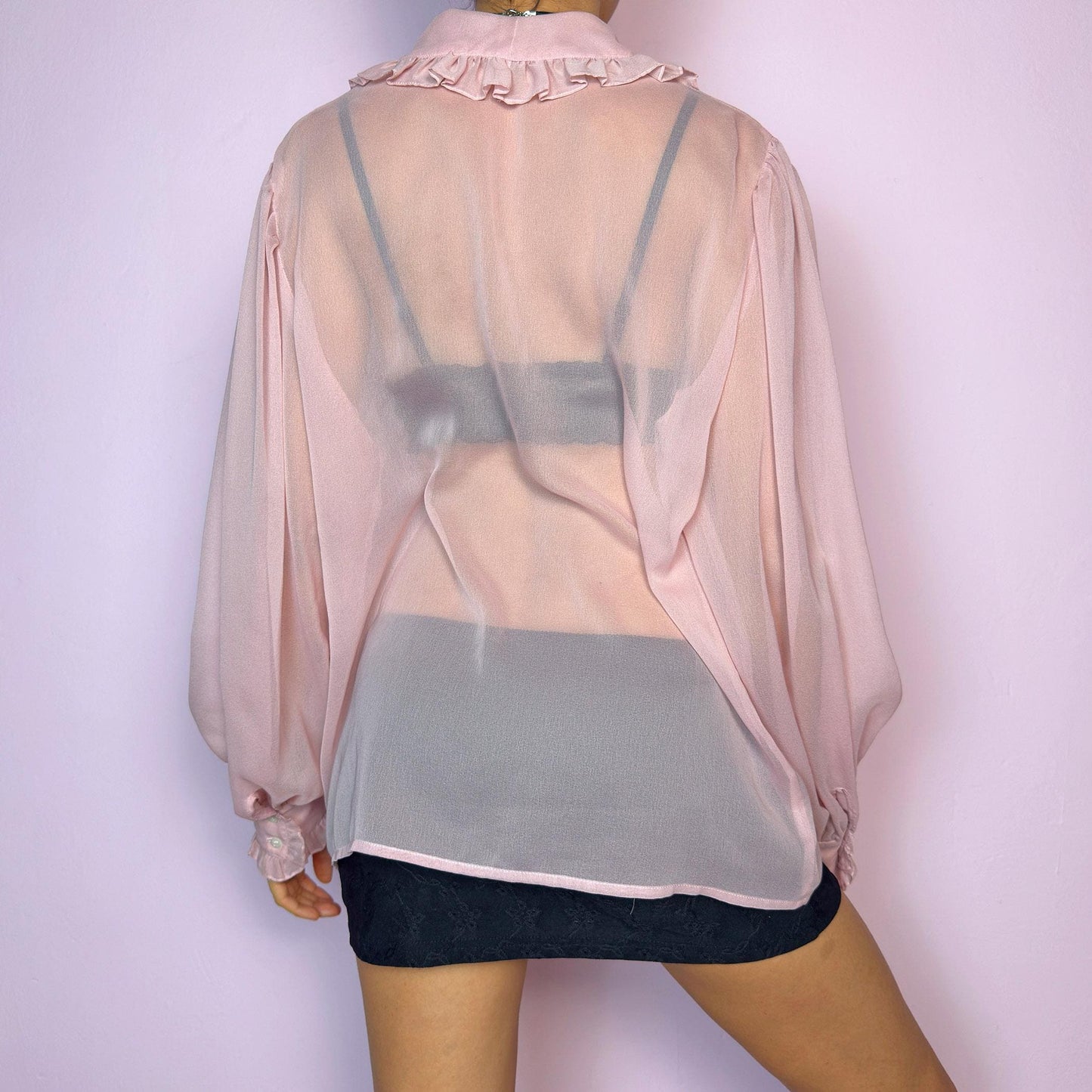 Vintage Pink Ruffle Frill Sheer Blouse – Size L