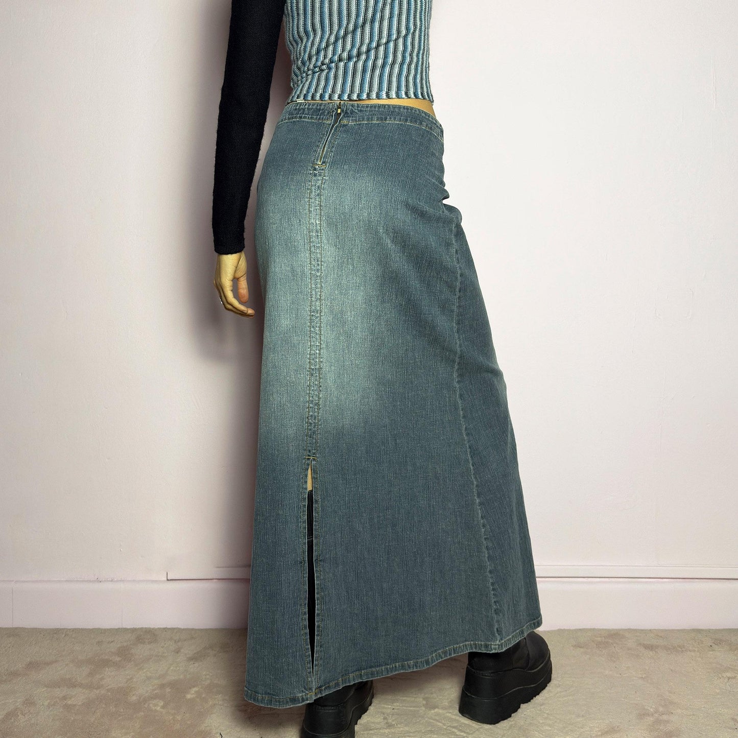 Vintage Y2K Denim Paneled Flared Maxi Skirt – Size M