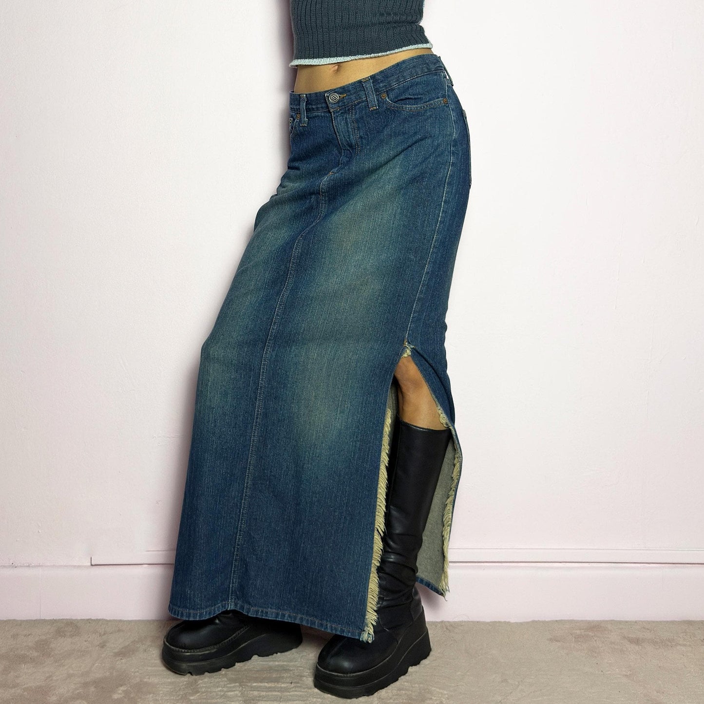 Vintage Y2K Denim Side Slit Maxi Skirt – Size S