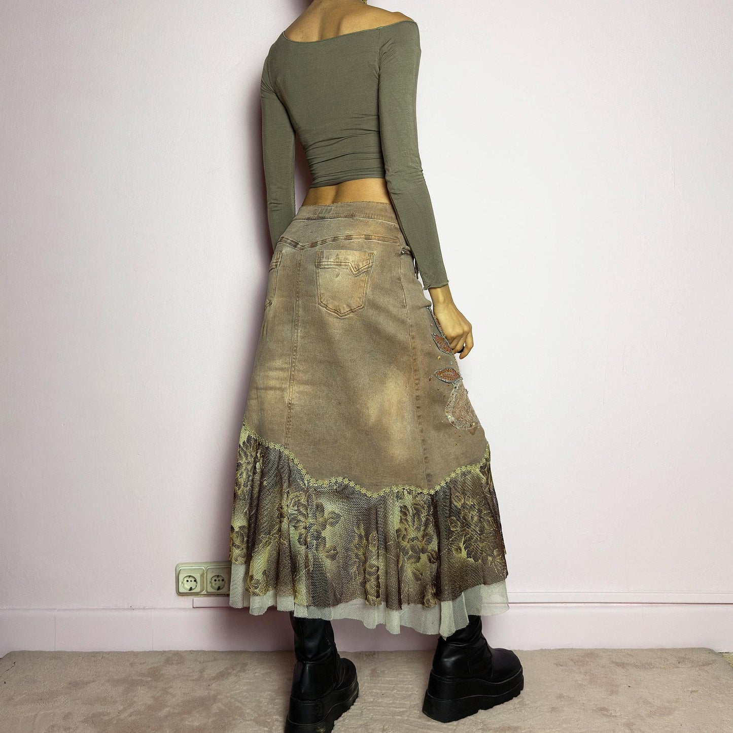Vintage Y2K Denim Asymmetric Ruffle Midi Skirt, Embellished – Size S