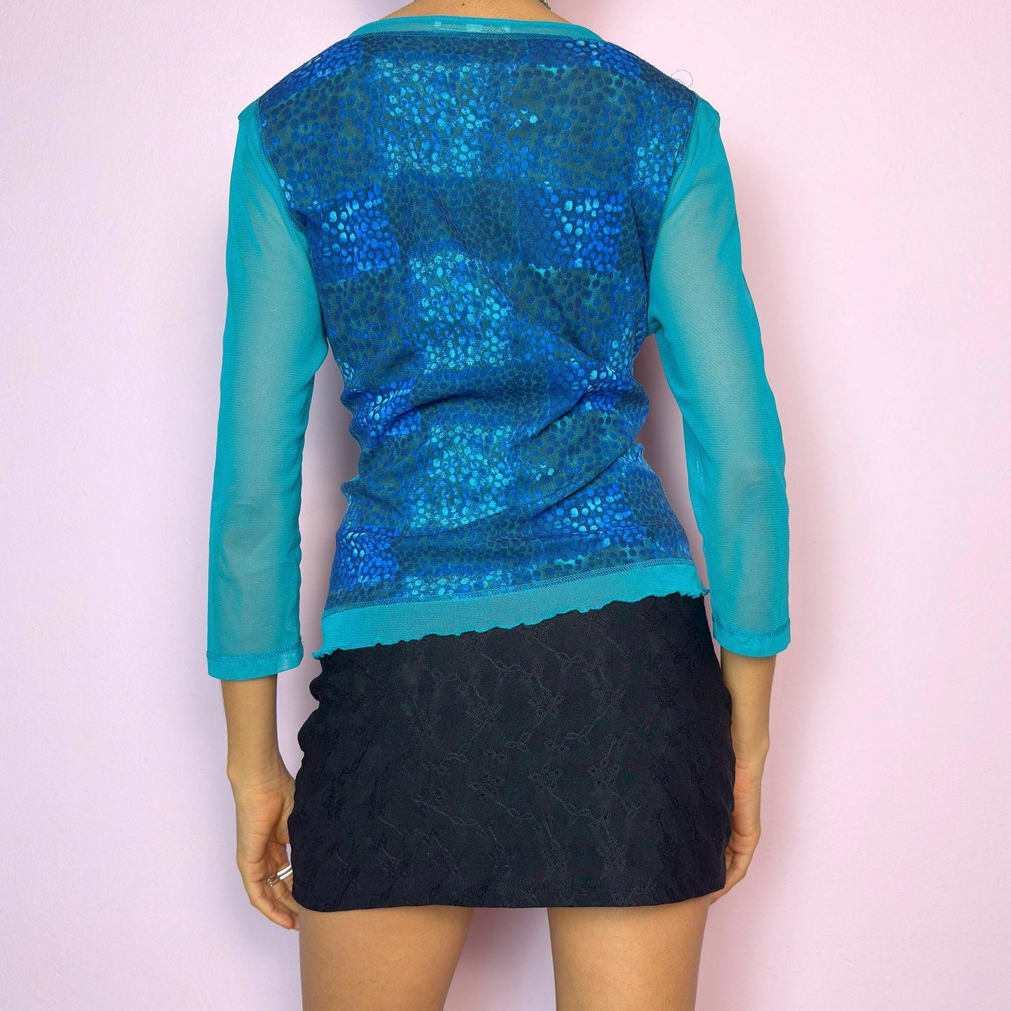 Vintage Y2K Blue Patchwork Mesh Abstract Print Top – Size L