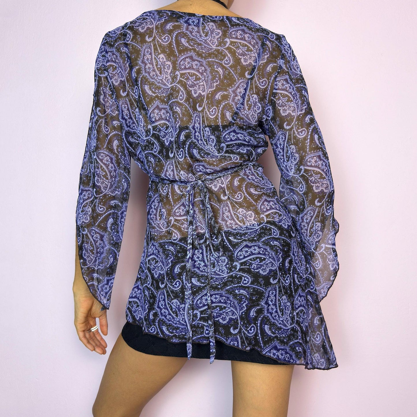 Vintage Y2K Paisley Sheer Blouse, Bell Sleeve Asymmetric Tie Back – Size M