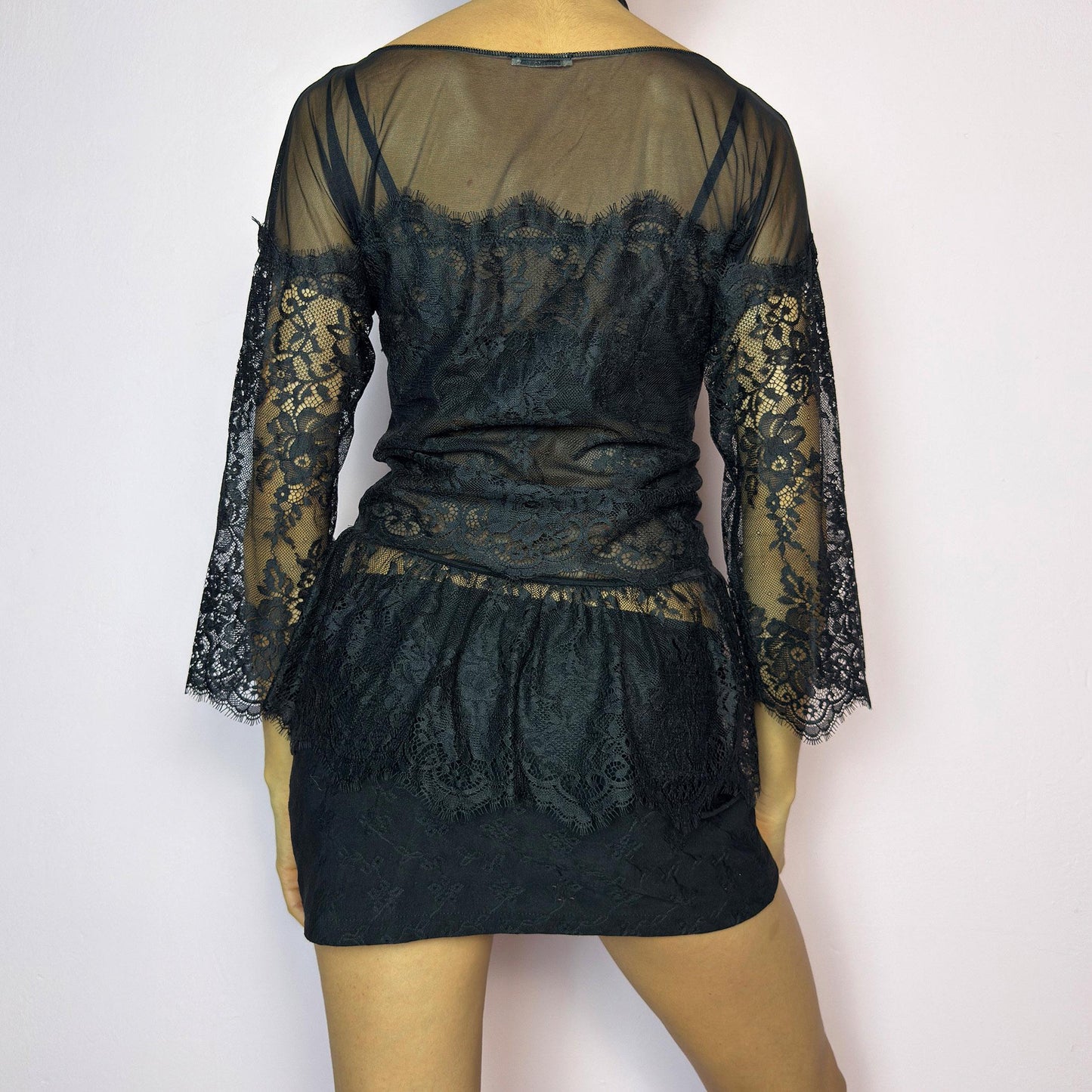 Vintage Y2K Black Lace Sheer Peplum Top – Size S