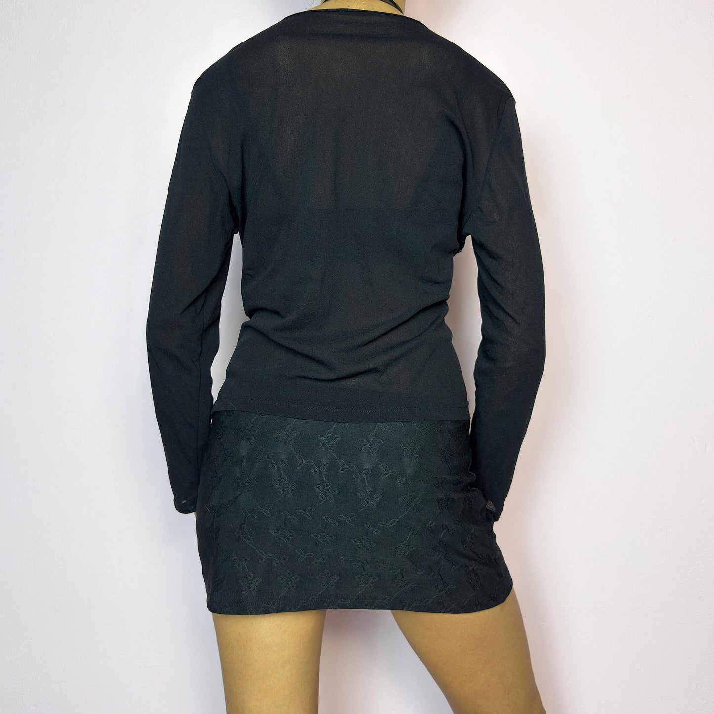 Vintage Y2K Black Mesh Sheer Appliqué Top – Size XL