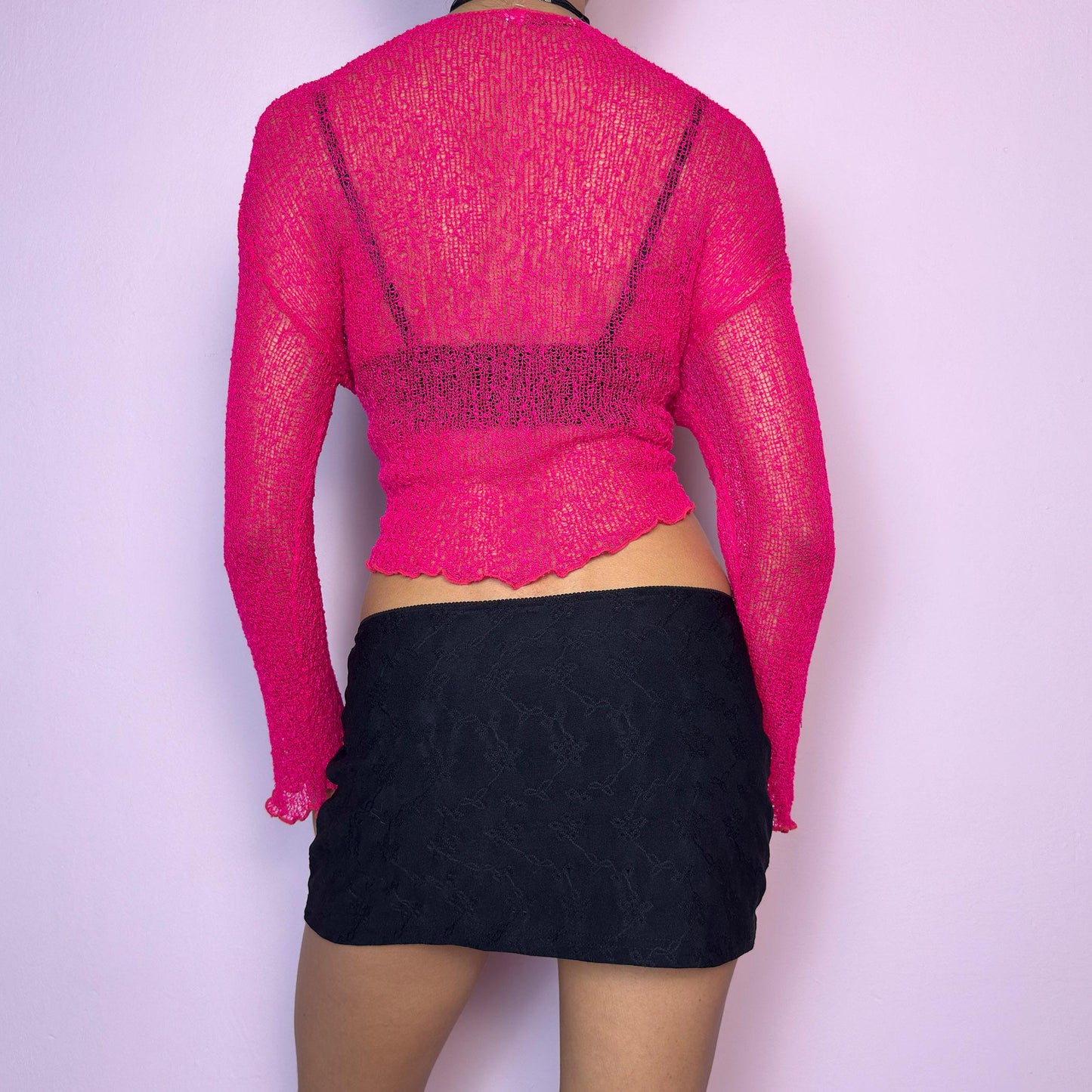 Vintage Y2K Pink Sheer Knit Tie Front Cardigan Bolero – Size M