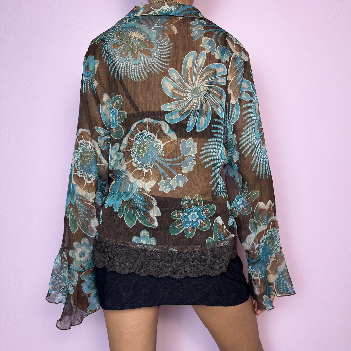Vintage Y2K Brown Floral Sheer Ruffle Blouse – Size XXL