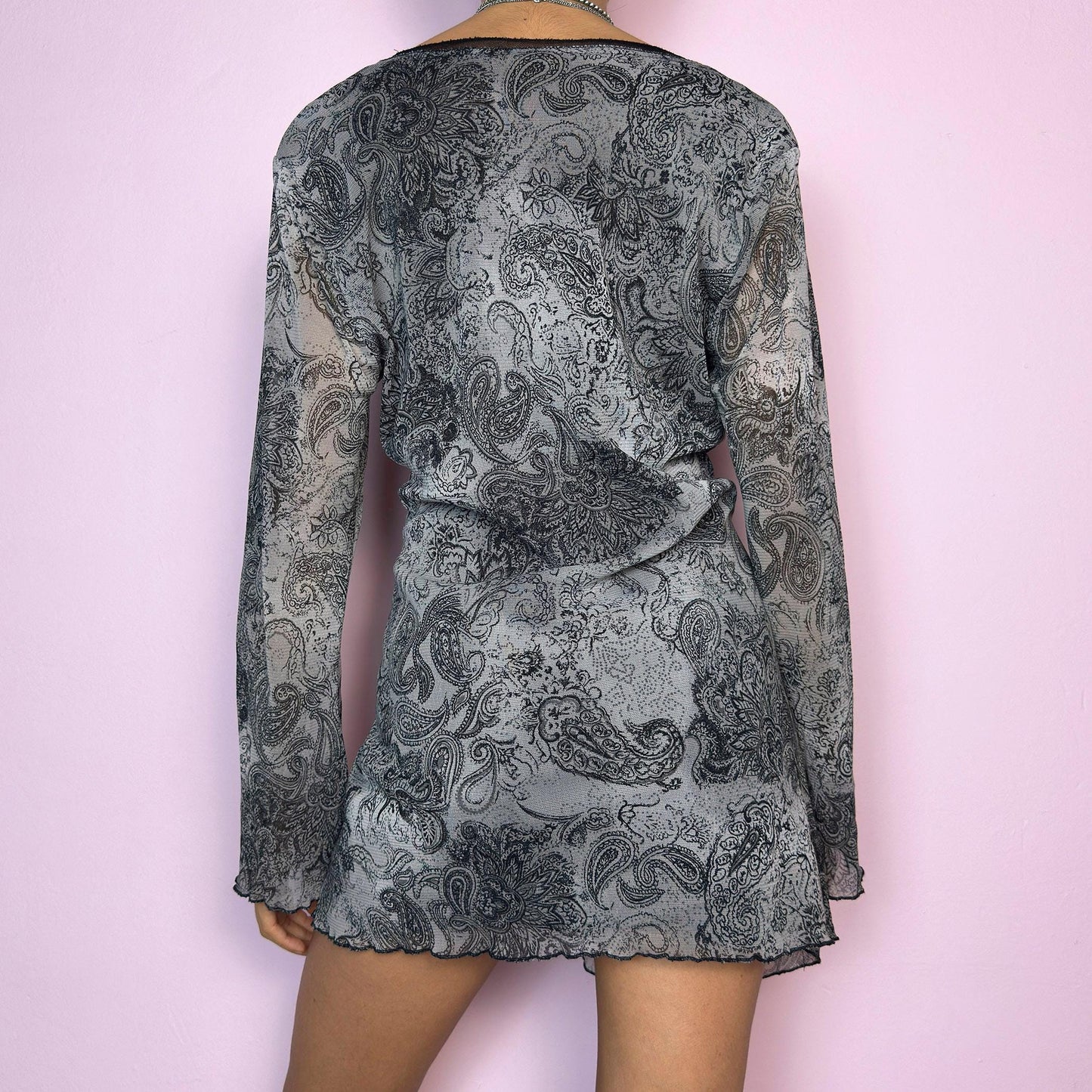 Vintage Y2K Gray Paisley Asymmetric Mesh Top – Size L