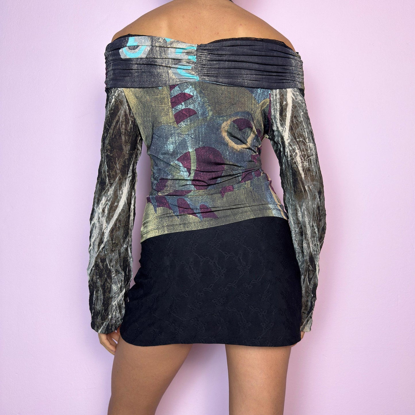 Vintage Y2K Art Print Off Shoulder Long Sleeve Mesh Top – Size S