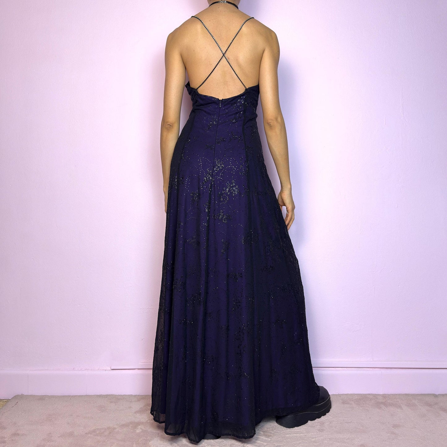 Vintage 90s Black Draped Cowl Neck Glitter Maxi Dress – Size L