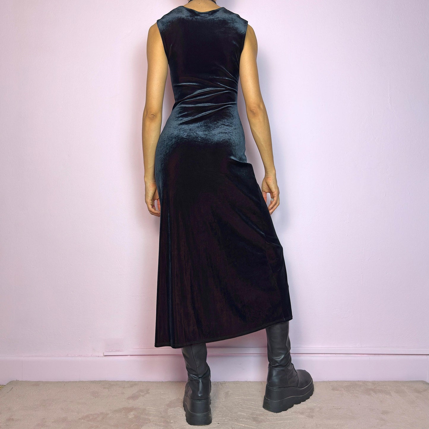 Vintage 90s Black Velvet Sleeveless Midi Dress – Size XS