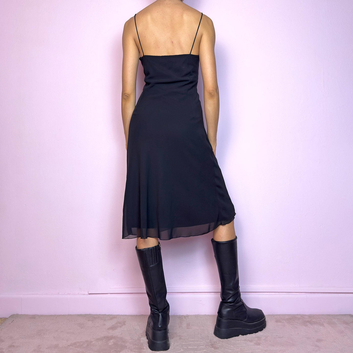 Vintage Y2K Black Empire Waist Slip Midi Dress – Size S