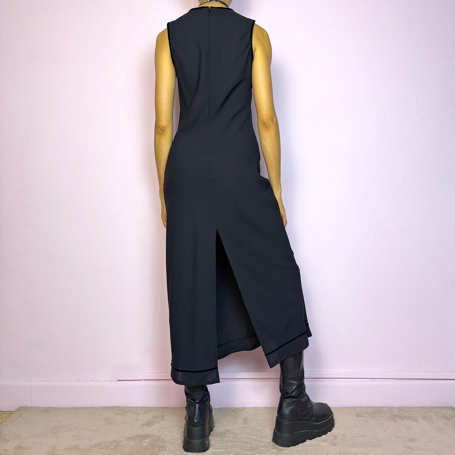 Vintage Y2K Minimalist Black Sleeveless Midi Dress – Size XS