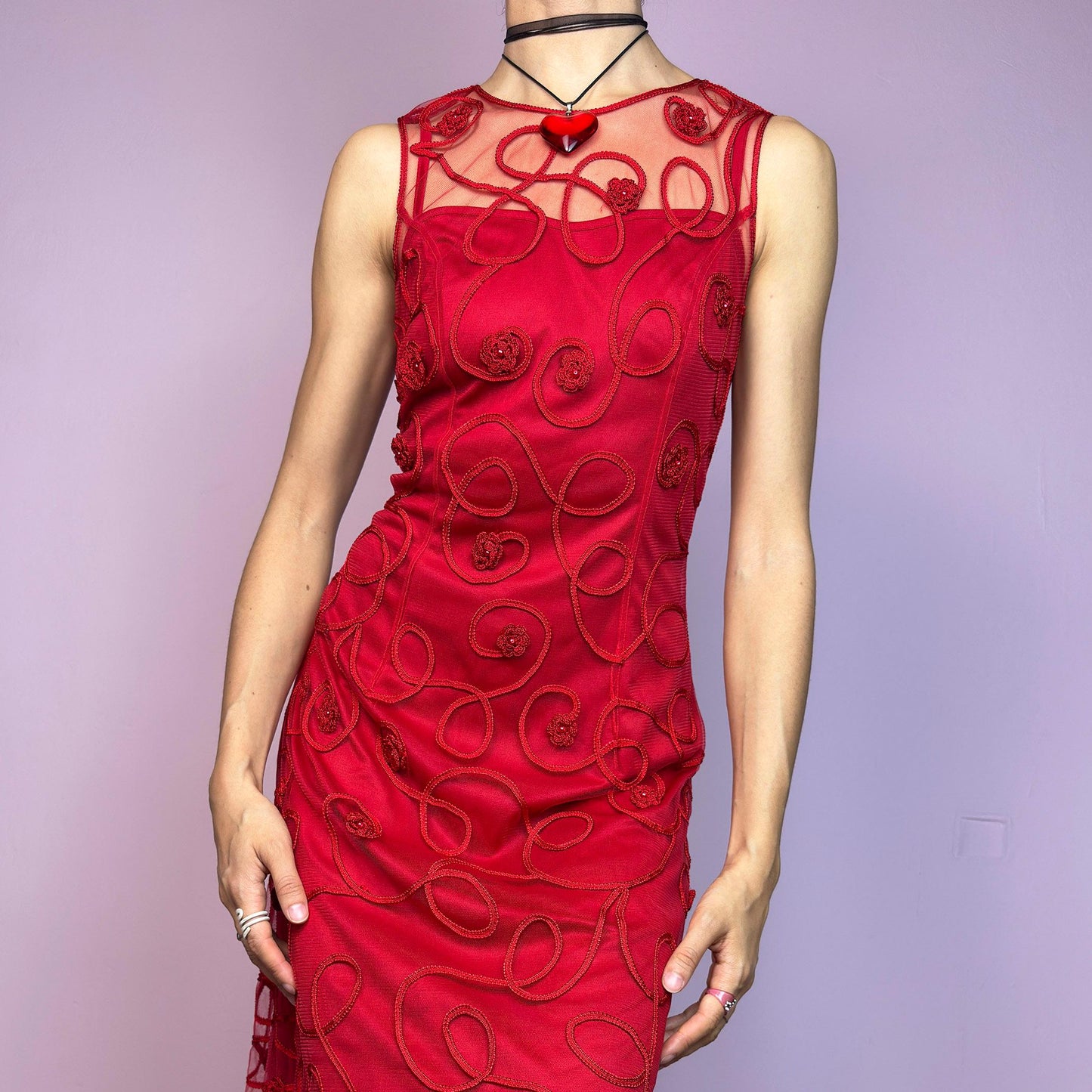 Vintage 90s Red Mesh Sheer Appliqué Cocktail Dress – Size S