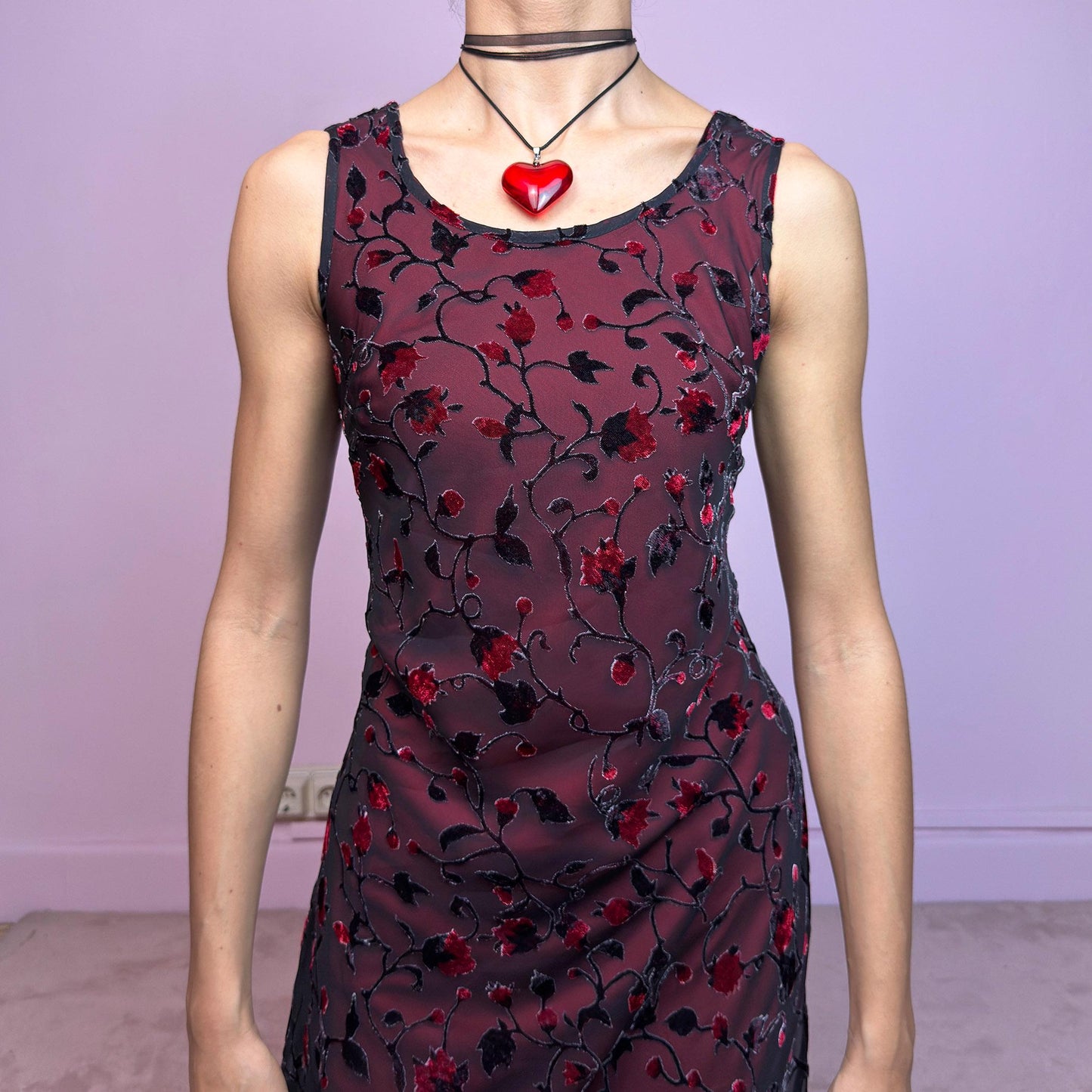 Vintage 90s Black Sheer Velvet Floral Midi Dress – Size M