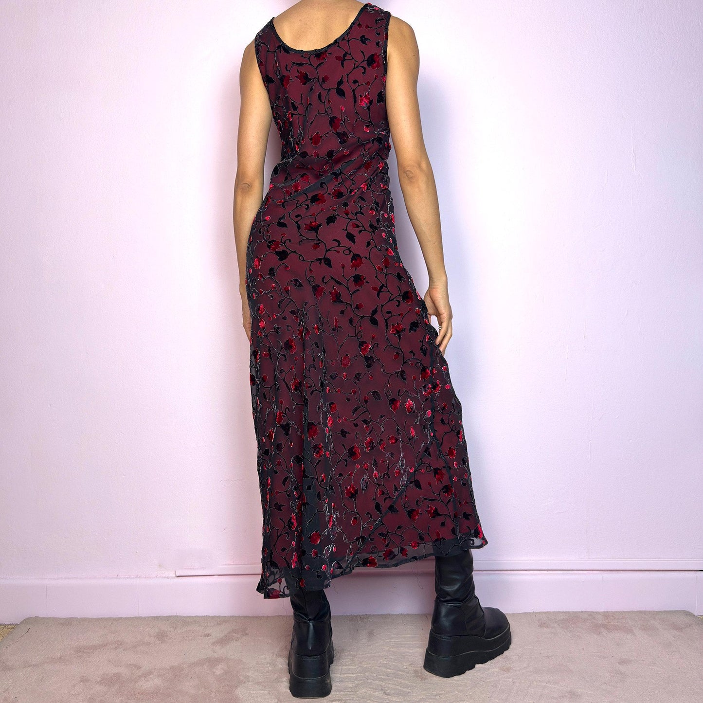 Vintage 90s Black Sheer Velvet Floral Midi Dress – Size M