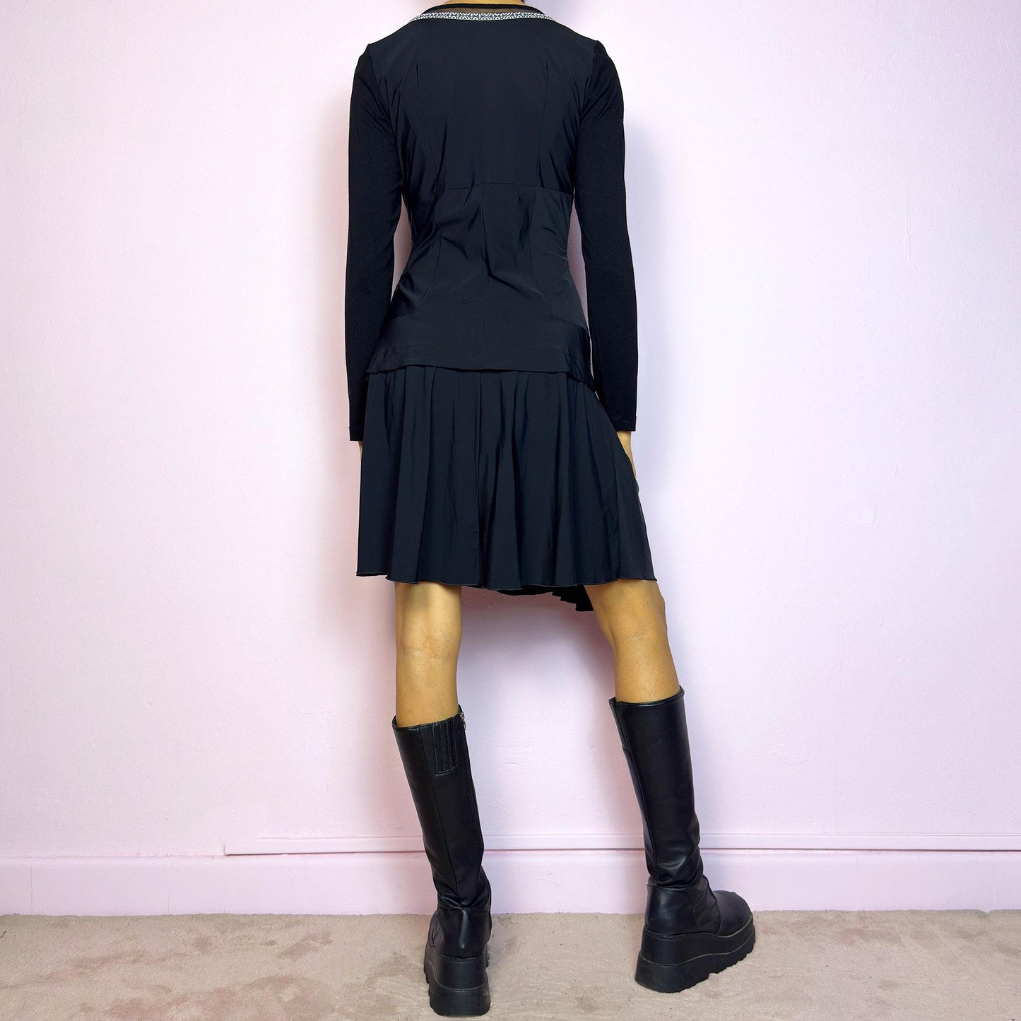 Vintage Y2K Black Long Sleeve Asymmetric Mini Dress – Size S