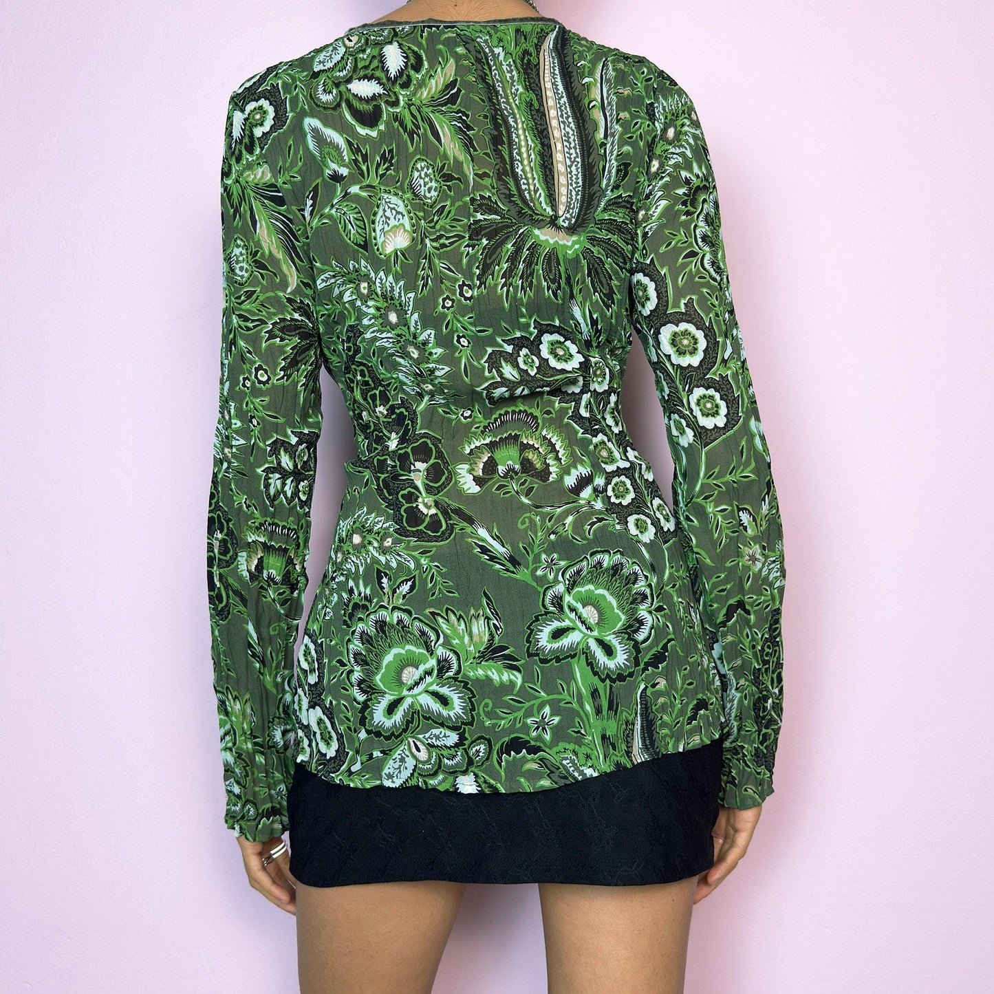 Vintage Y2K Green Floral Boho Tie Front Top – Size M