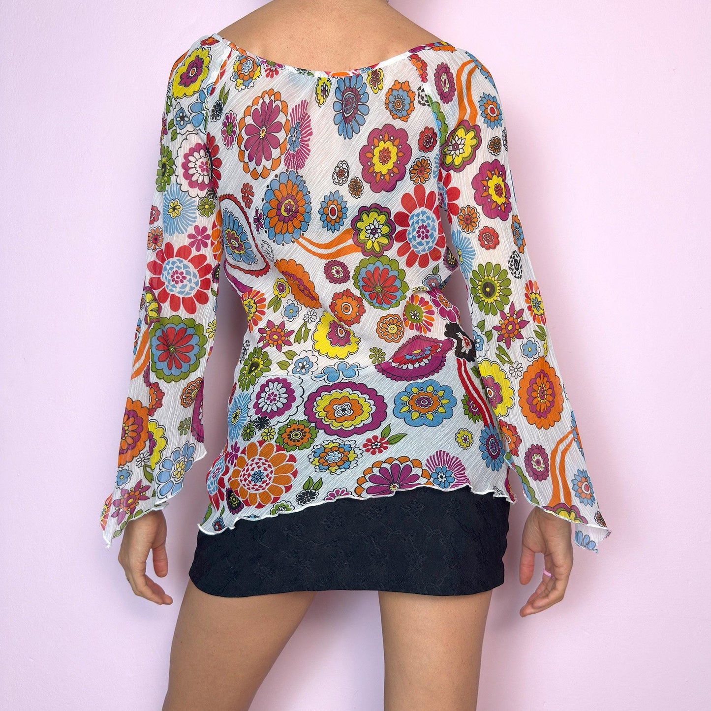 Vintage Y2K White Floral Tie Front Bell Sleeve Top – Size XS