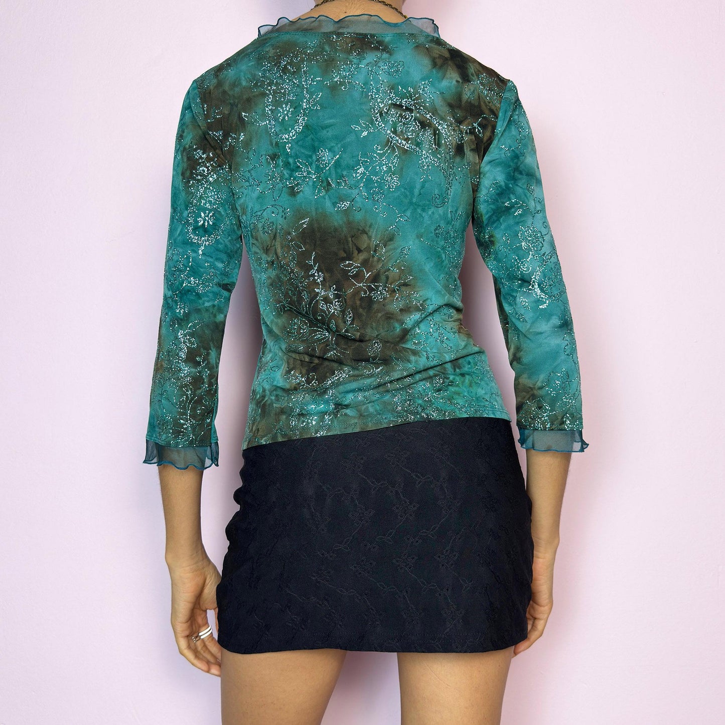 Vintage 90s Teal Tie Dye Glitter Floral Top – Size S