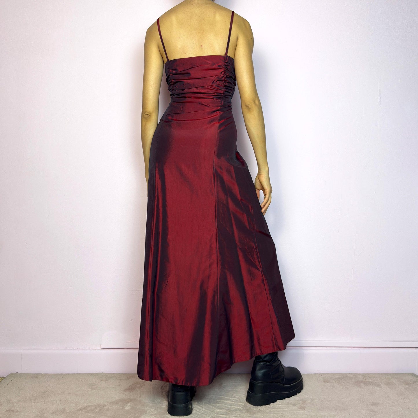 Vintage 90s Burgundy Ruched Bust Maxi Dress – Size M