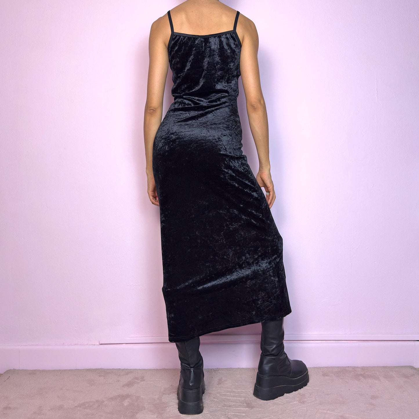 Vintage 90s Black Velvet Slip Midi Dress – Size S
