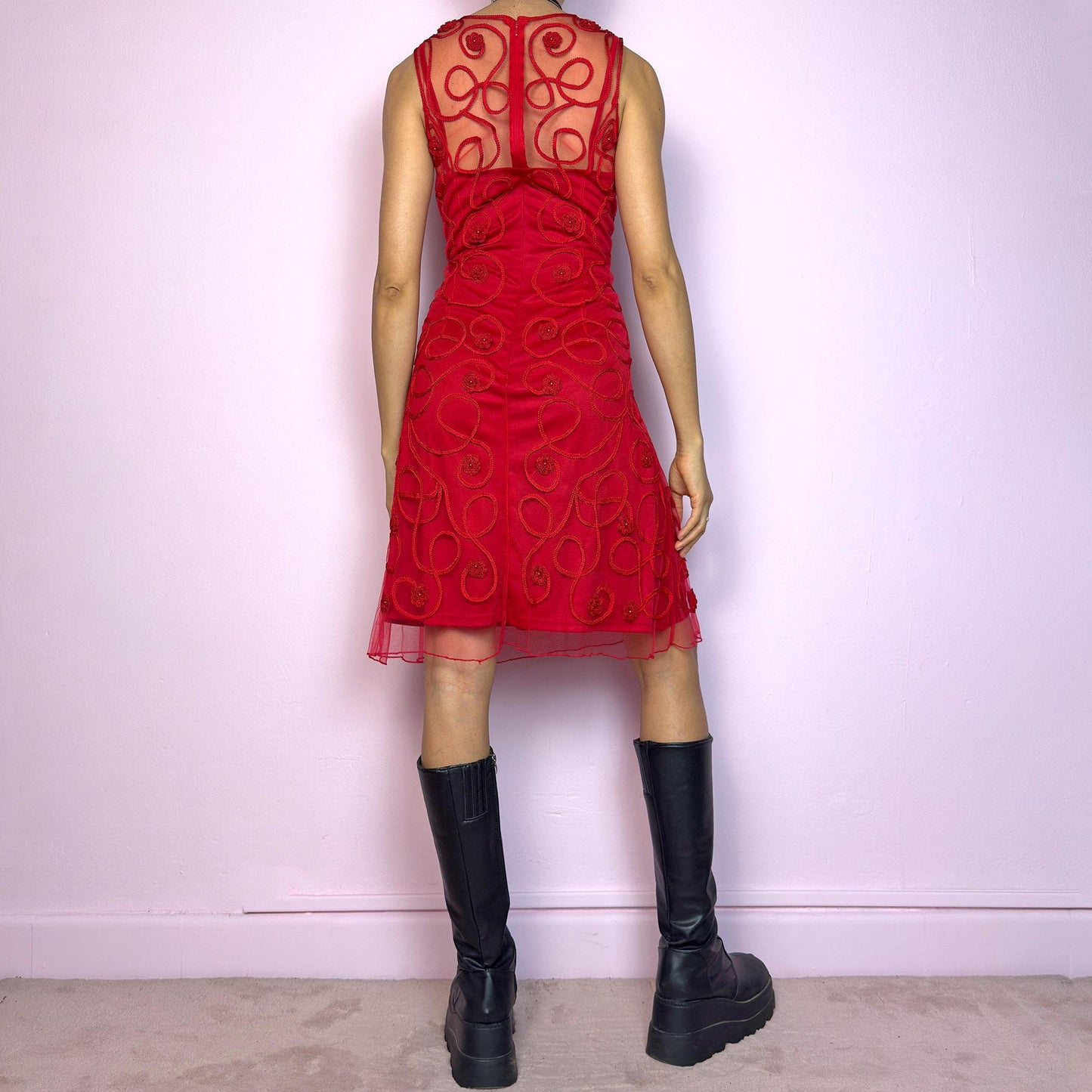 Vintage 90s Red Mesh Cocktail Midi Dress – Size S