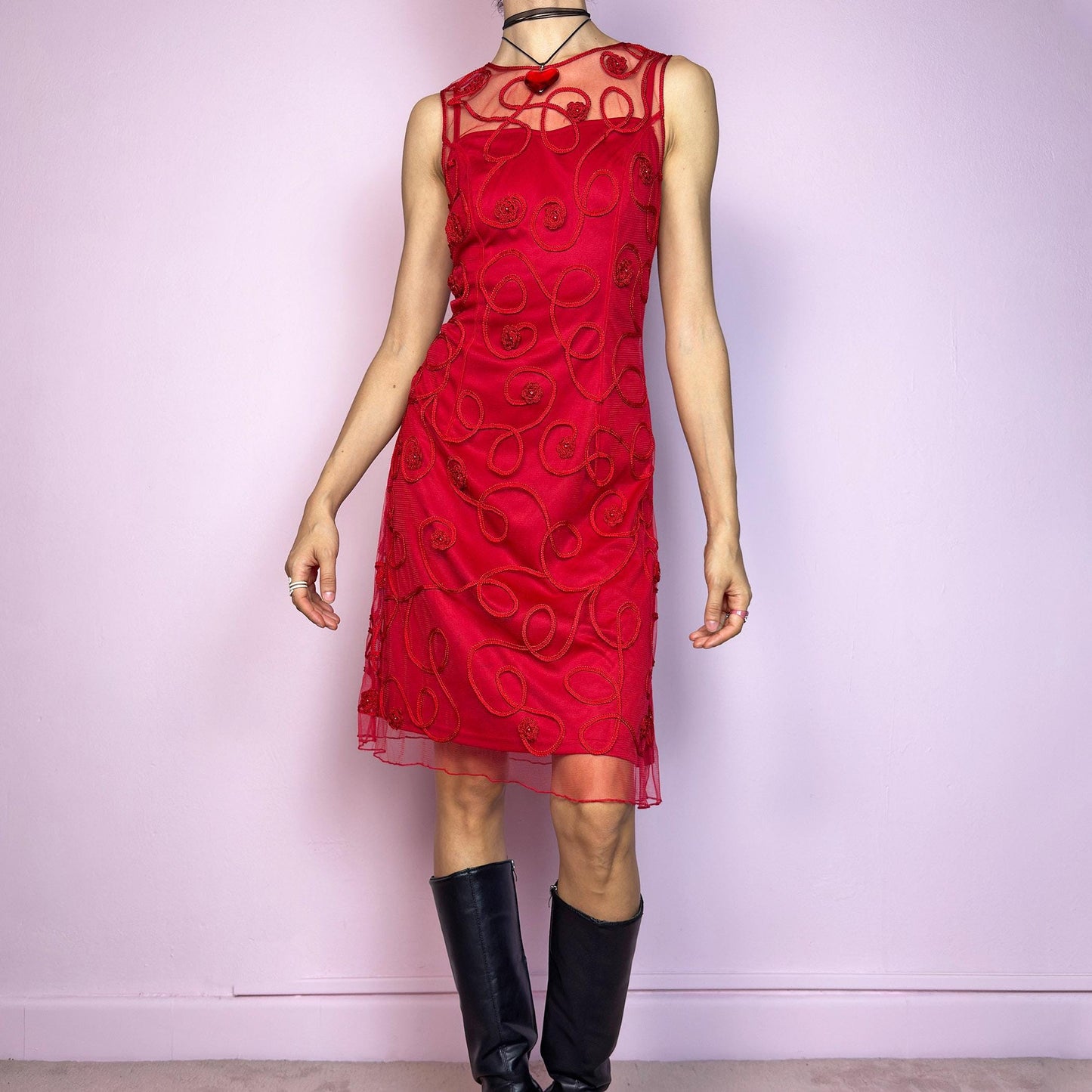 Vintage 90s Red Mesh Cocktail Midi Dress – Size S