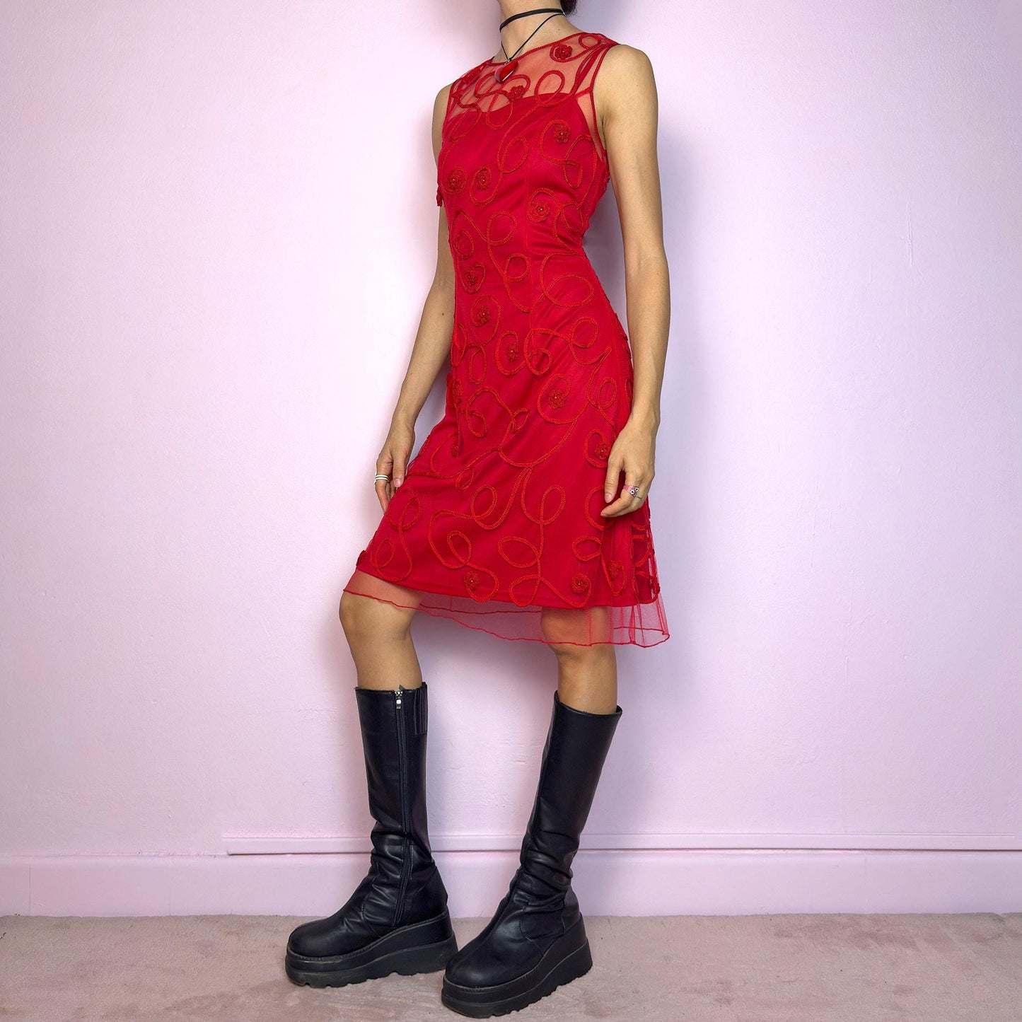 Vintage 90s Red Mesh Sheer Appliqué Cocktail Dress – Size S