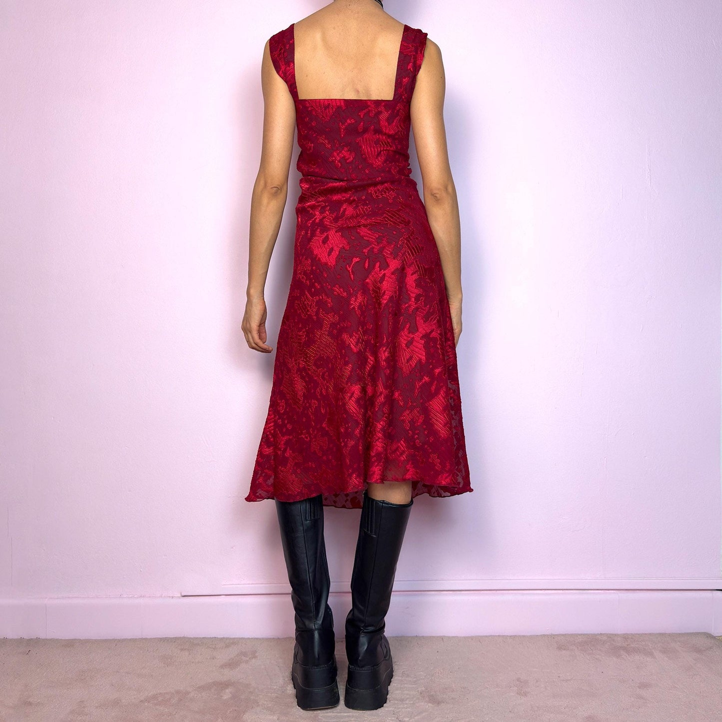 Vintage 90s Maroon Textured Midi Dress – Size L