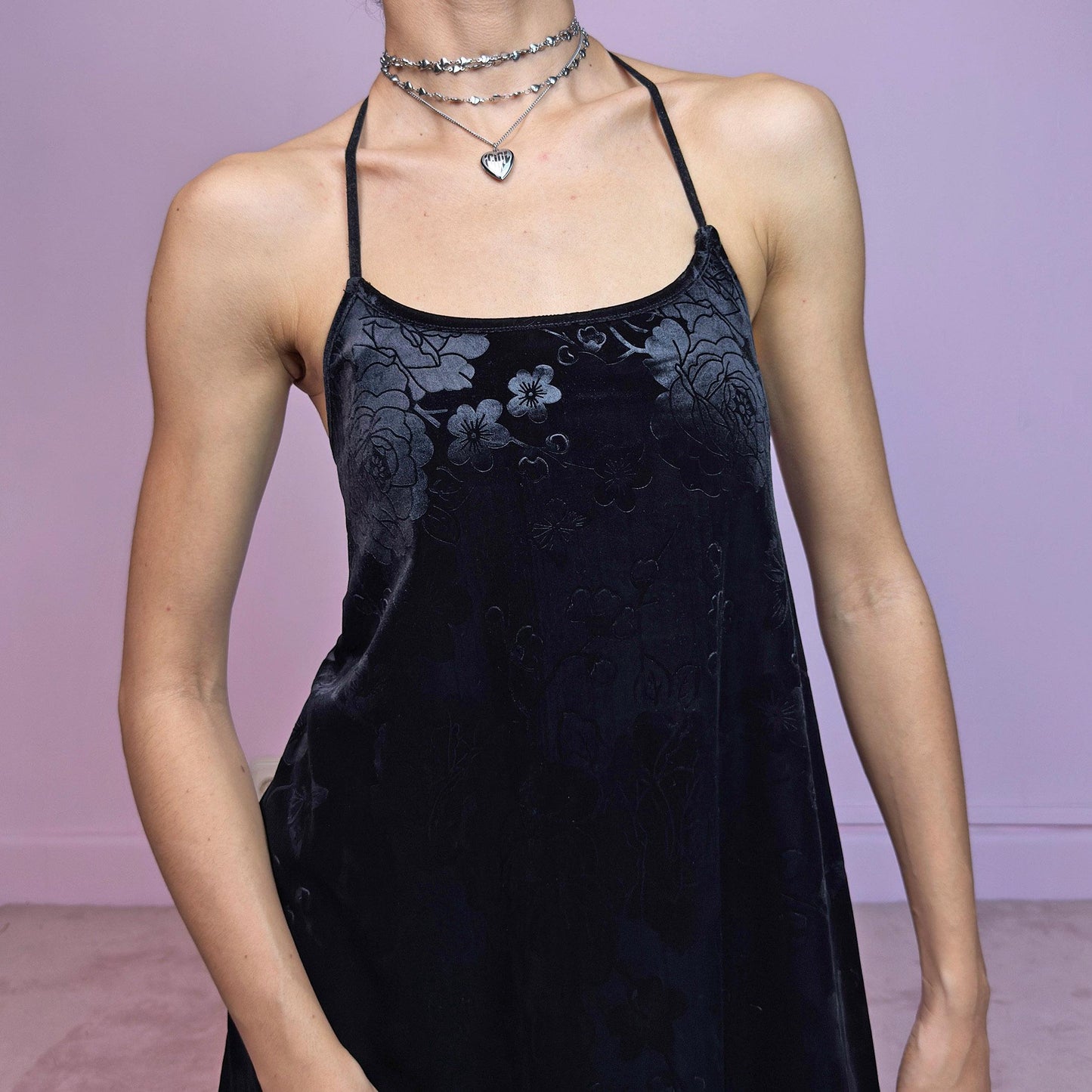 Vintage Y2K Black Floral Burnout Velvet Mini Dress – Size L