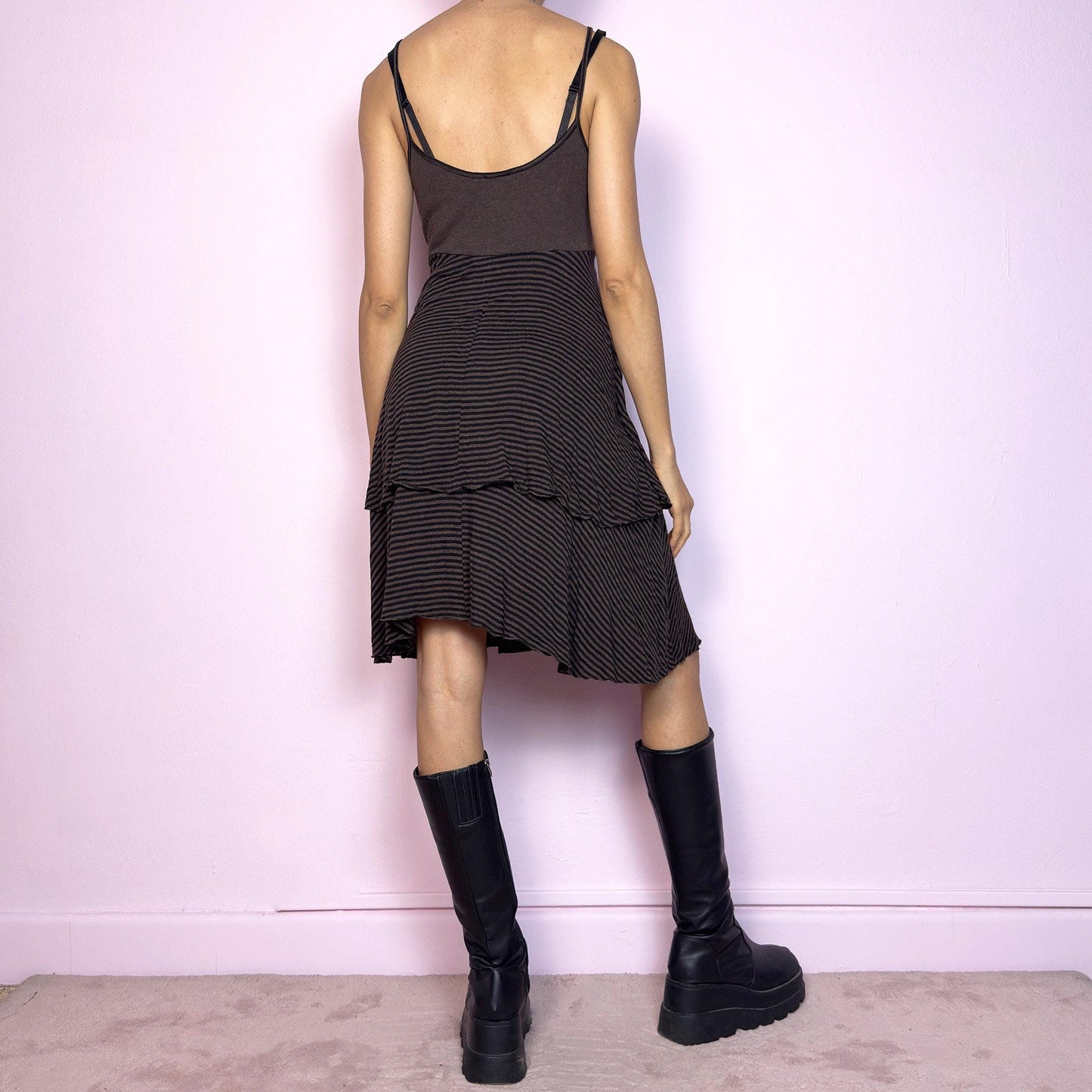 Vintage Y2K Brown Stripe Tiered Layered Midi Dress – Size L