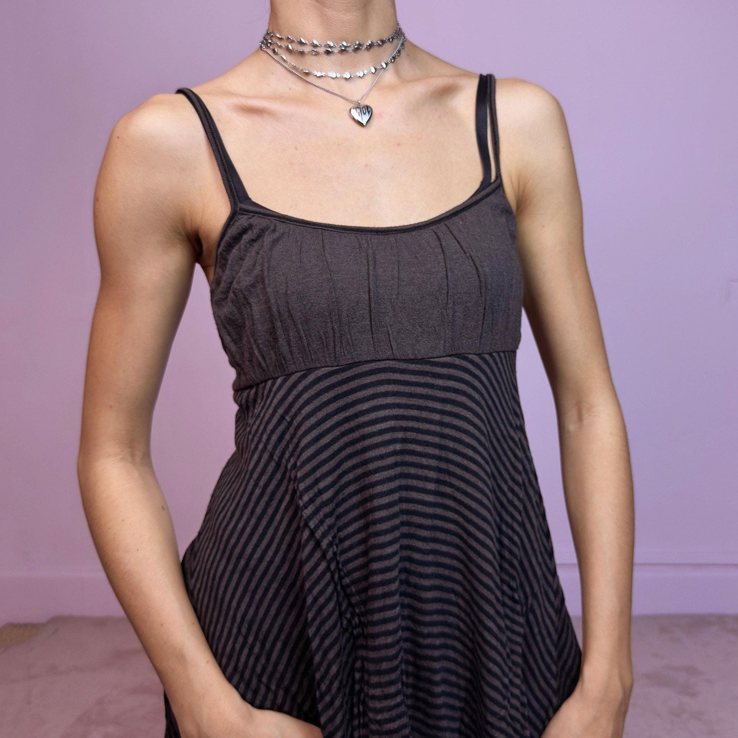 Vintage Y2K Brown Stripe Tiered Layered Midi Dress – Size L