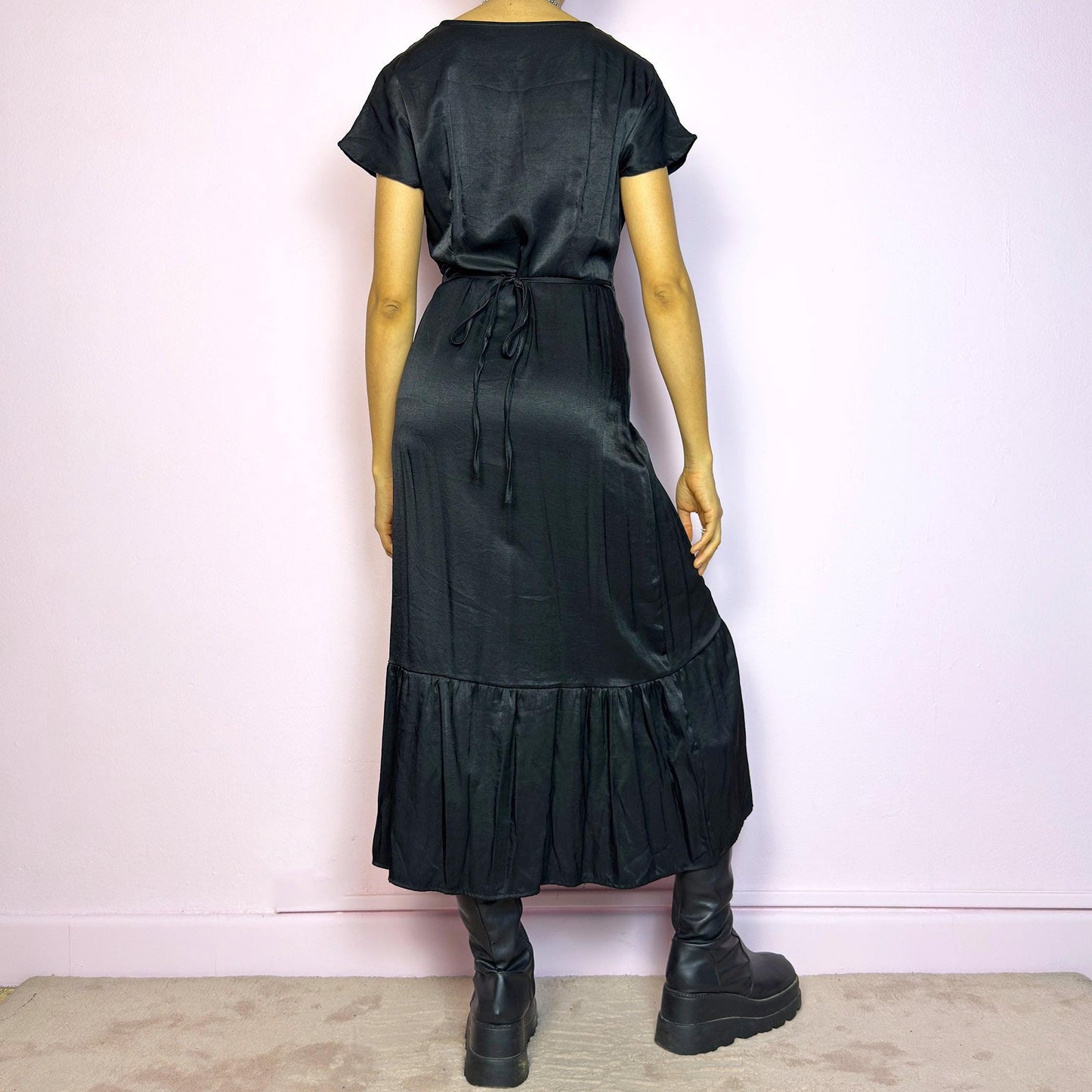 Vintage Y2K Black Tie Back Wrap Midi Dress – Size S
