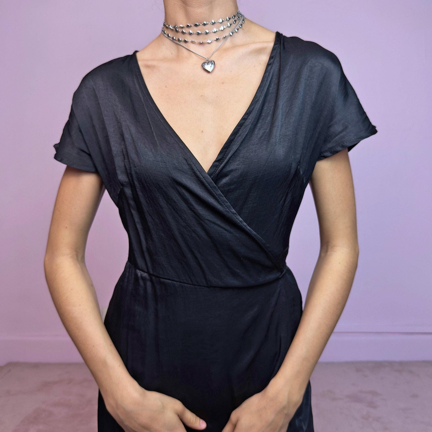 Vintage Y2K Black Tie Back Wrap Midi Dress – Size S