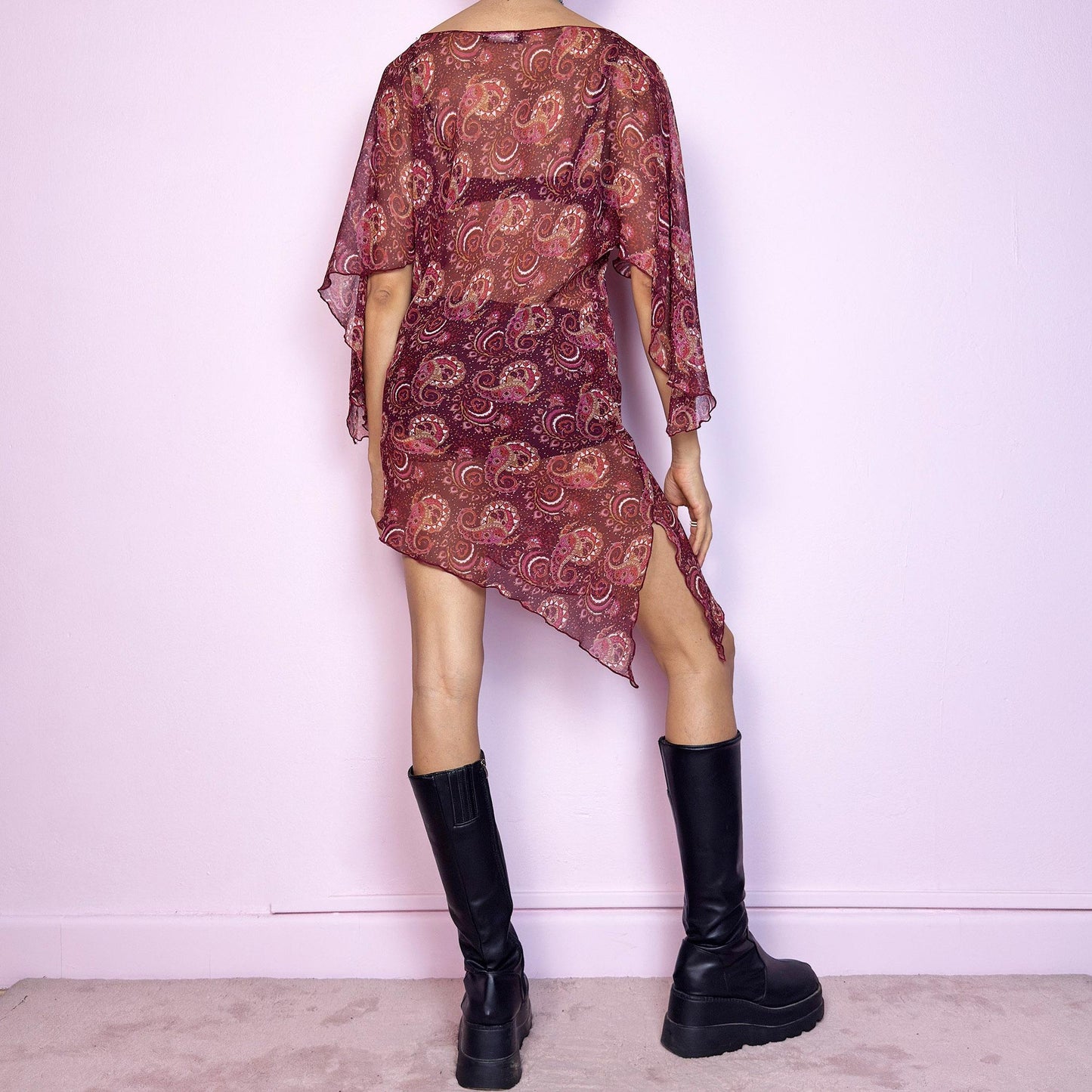Vintage Y2K Burgundy Sheer Paisley Butterfly Sleeve Mini Dress – Size M