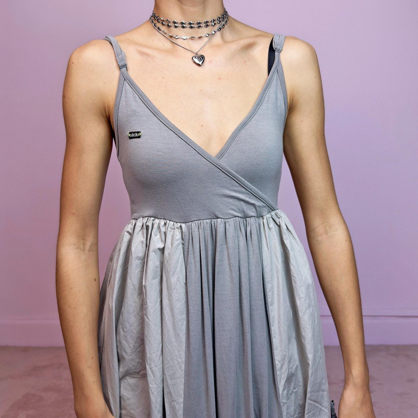 Vintage Y2K Gray Bubble Mini Dress, Draped Balloon – Size M