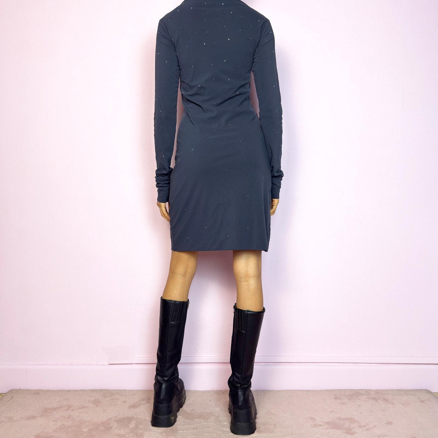 Vintage Y2K Gray Turtleneck Mesh Mini Dress, Rhinestone – Size S