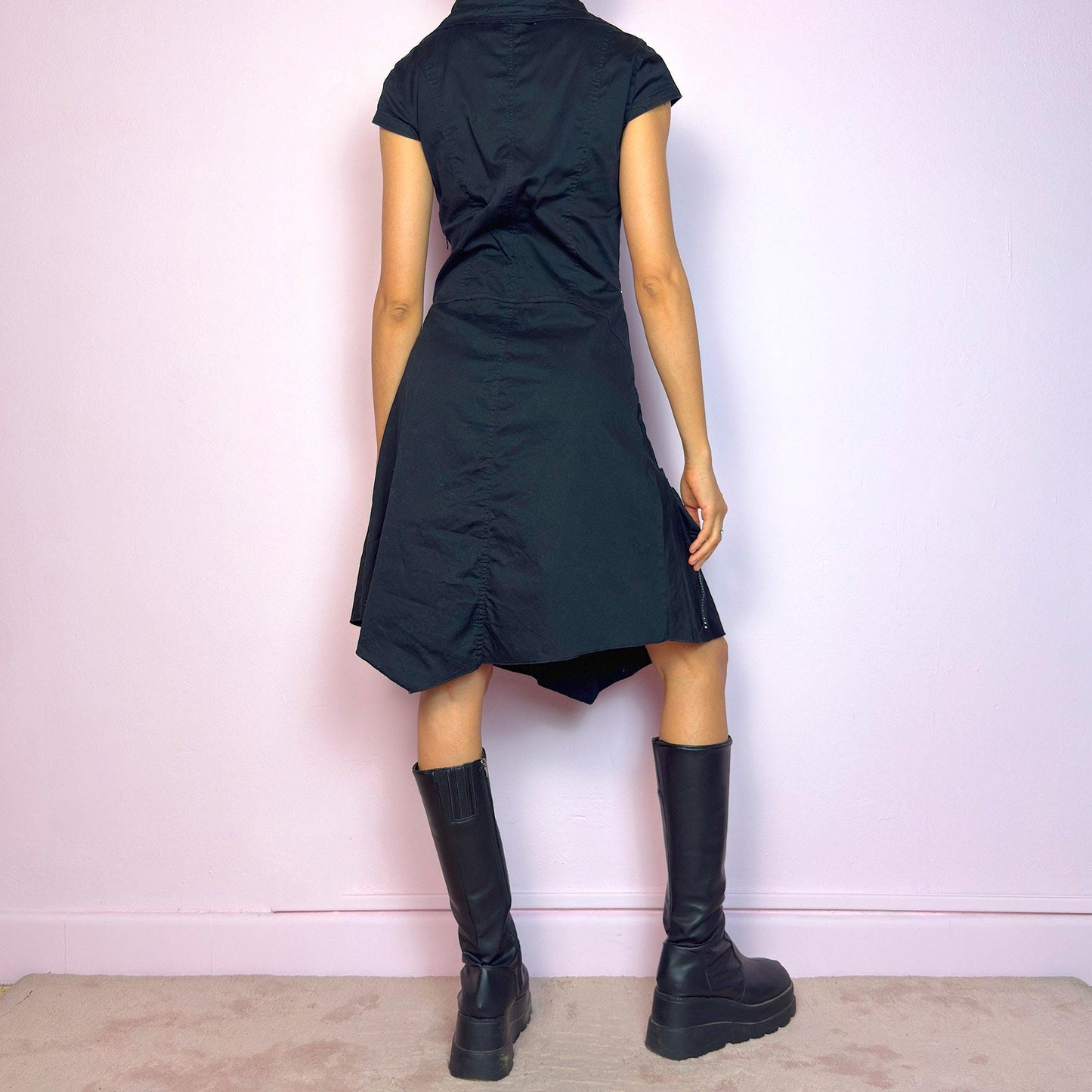 Vintage Y2K Black Techwear Asymmetric Midi Dress – Size M