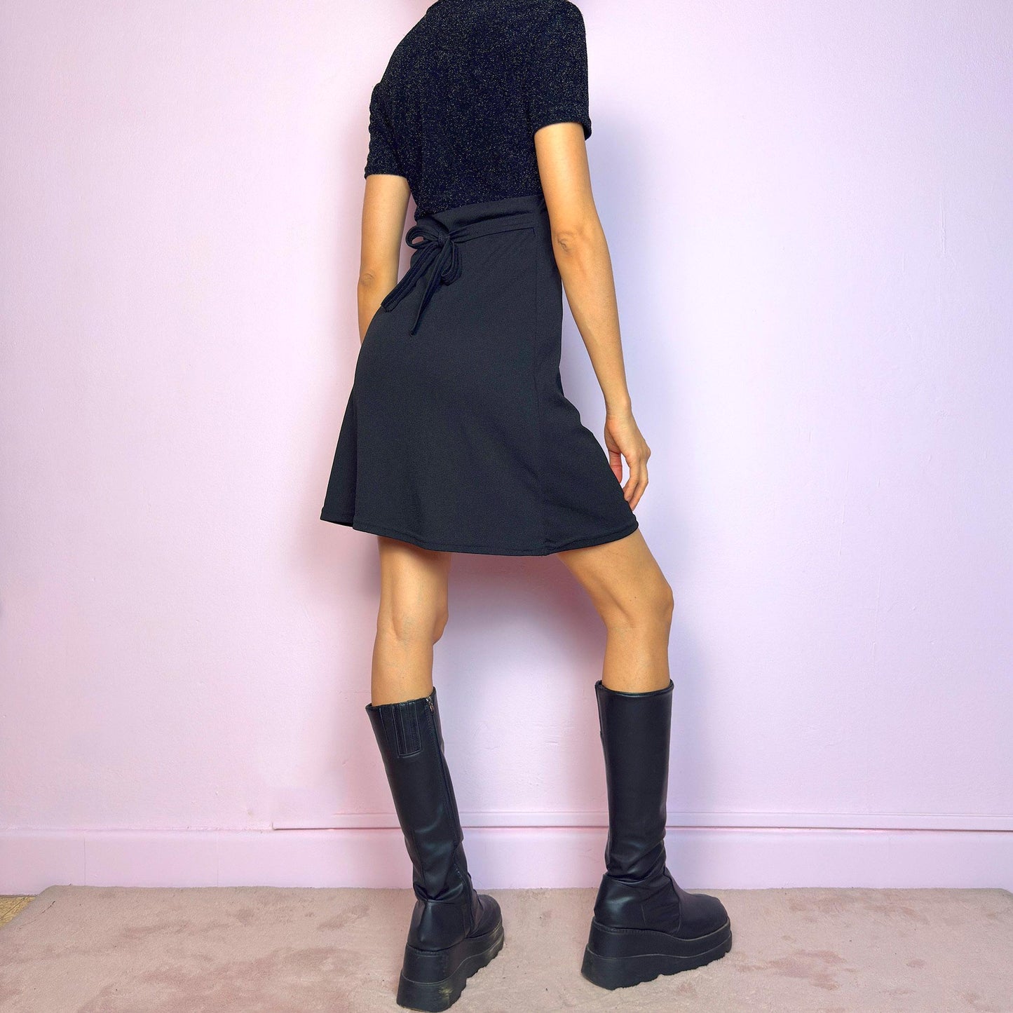 Vintage 90s Black Glitter Wrap V Neck Tie Back Mini Dress – Size S