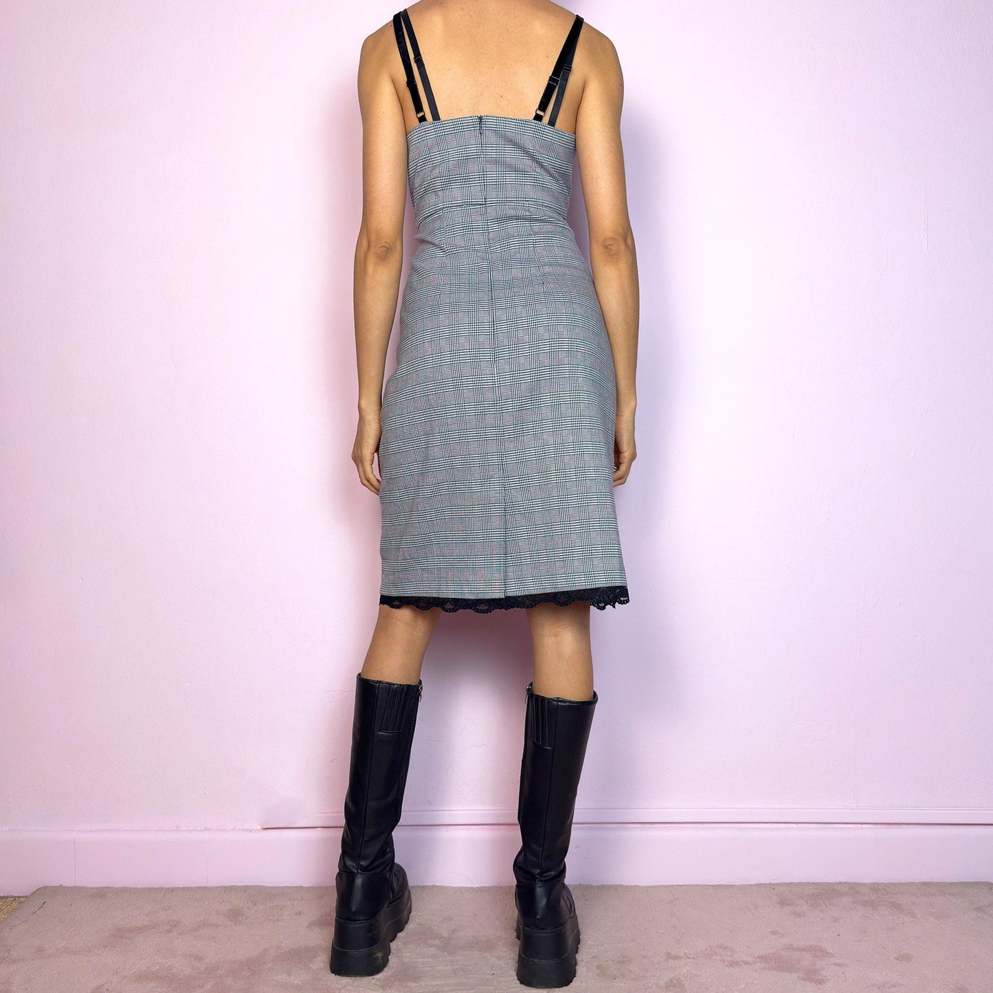Vintage Y2K Gray Plaid Lace Trim Bow Midi Slip Dress – Size M