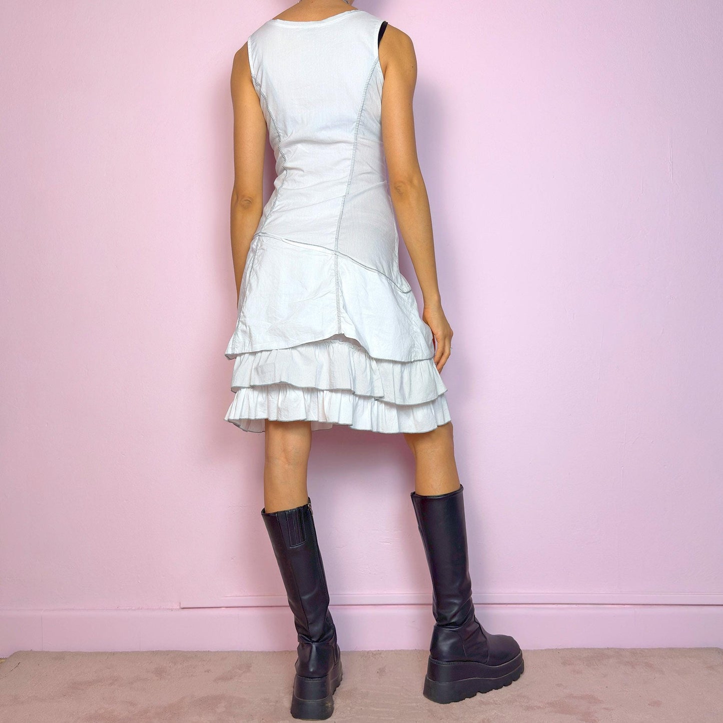 Vintage Y2K White Ruffle Layered Sleeveless Midi Dress – Size M