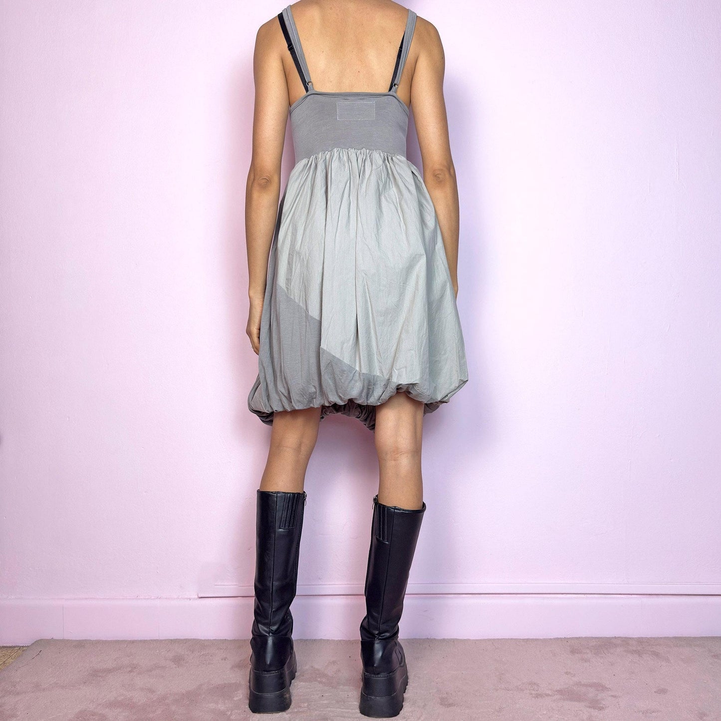 Vintage Y2K Gray Bubble Mini Dress, Draped Balloon – Size M