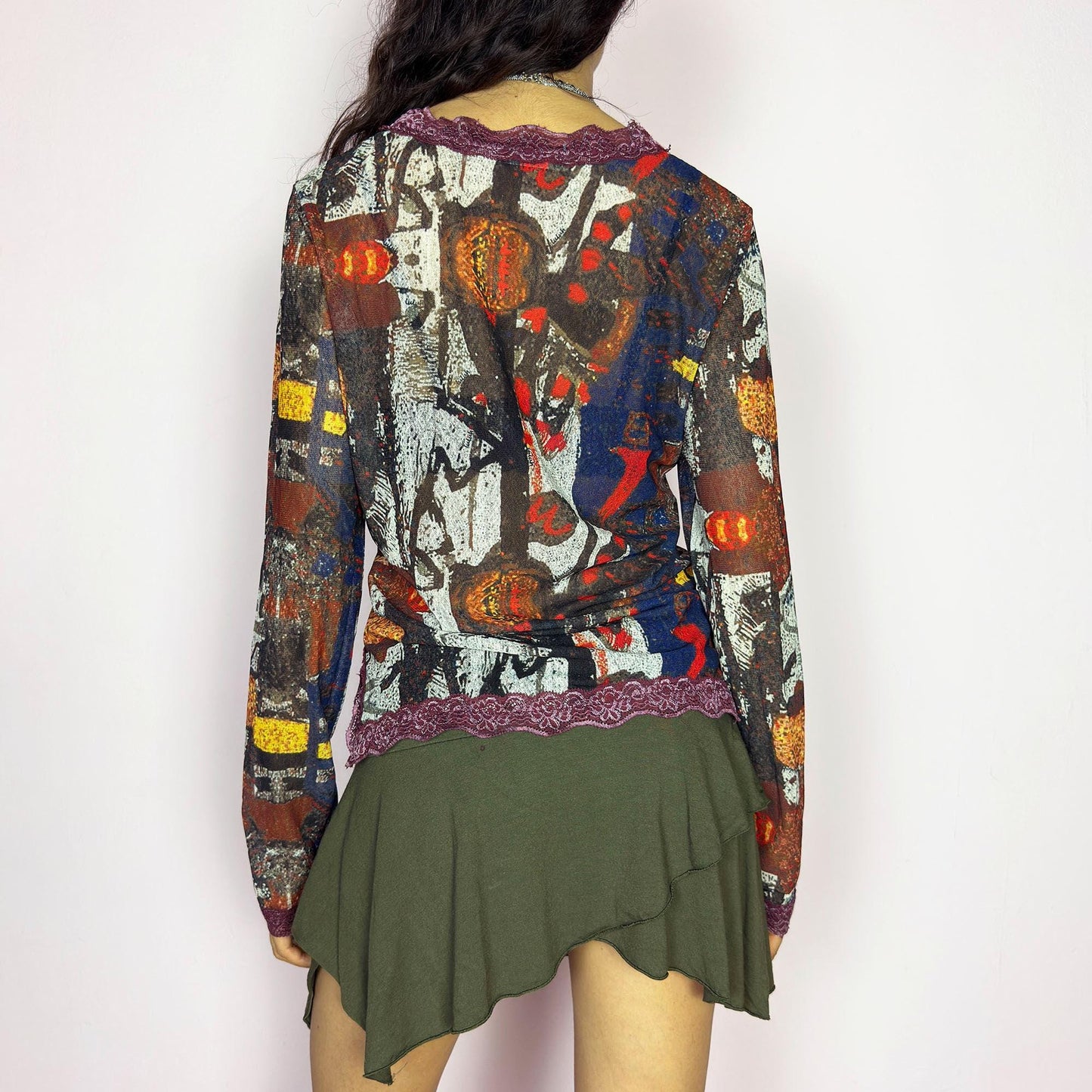 Vintage Y2K Abstract Lace V Neck Sheer Print Mesh Blouse – Size XL