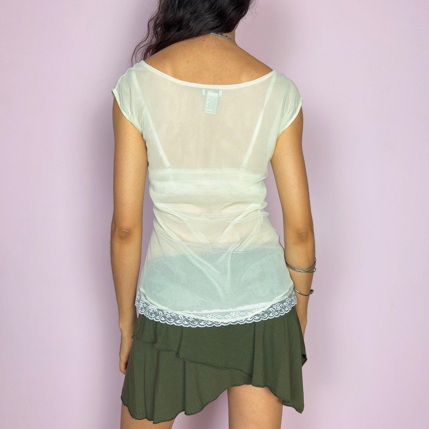 Vintage Y2K Cream Mesh Asymmetric Top – Size S