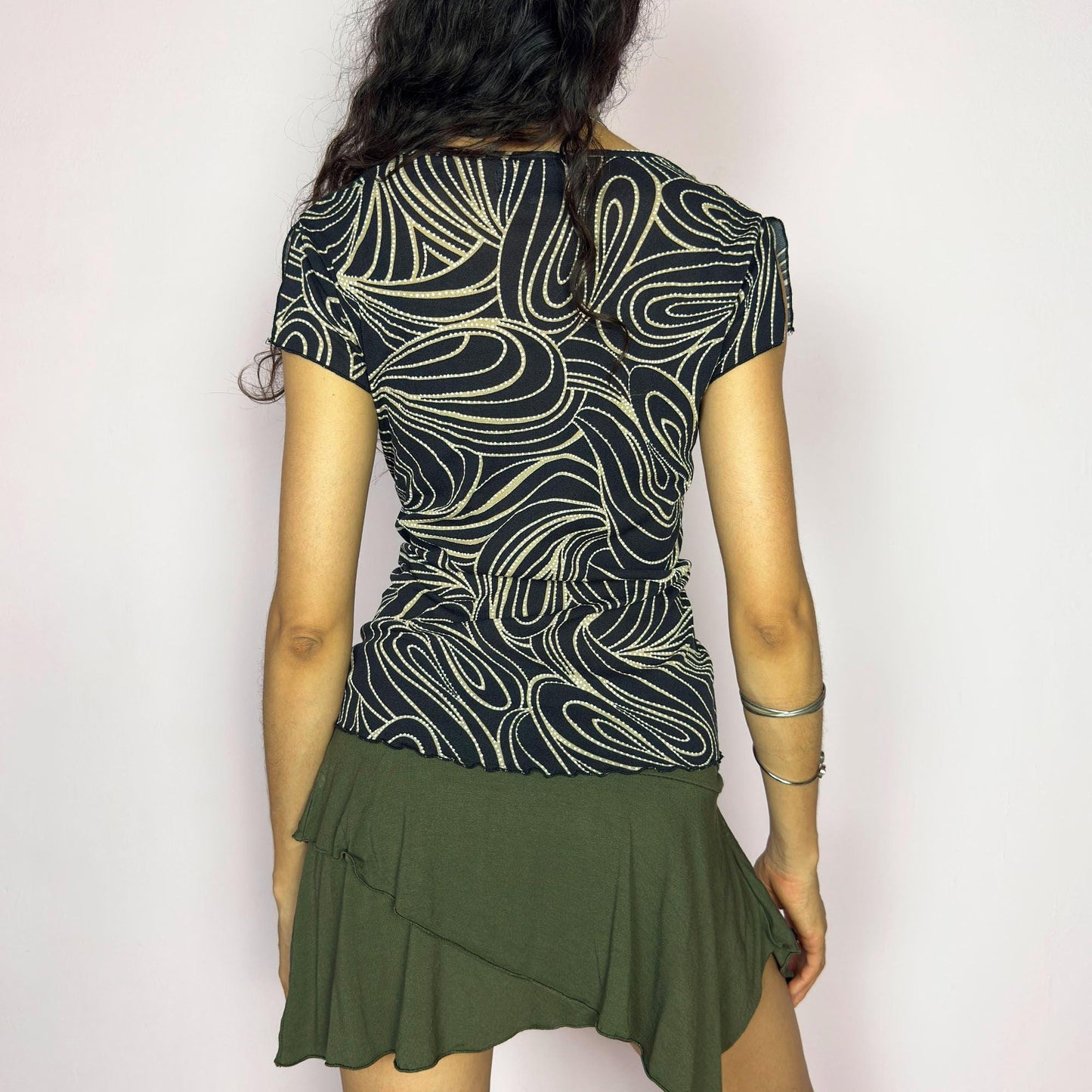 Vintage Y2K Mesh Black Beaded Top – Size M