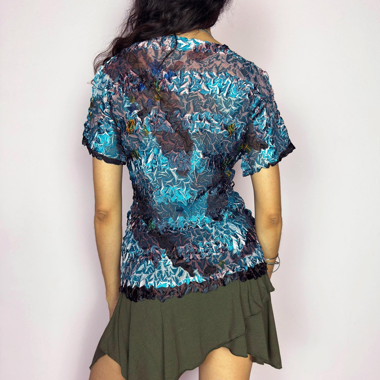 Vintage 90s Painterly Brushstroke Abstract Crinkle Top – Size L